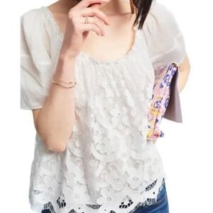 Anthro Moulinette Soeurs Lace  Blouse Top Sheer Puff Sleeve Med White Cream